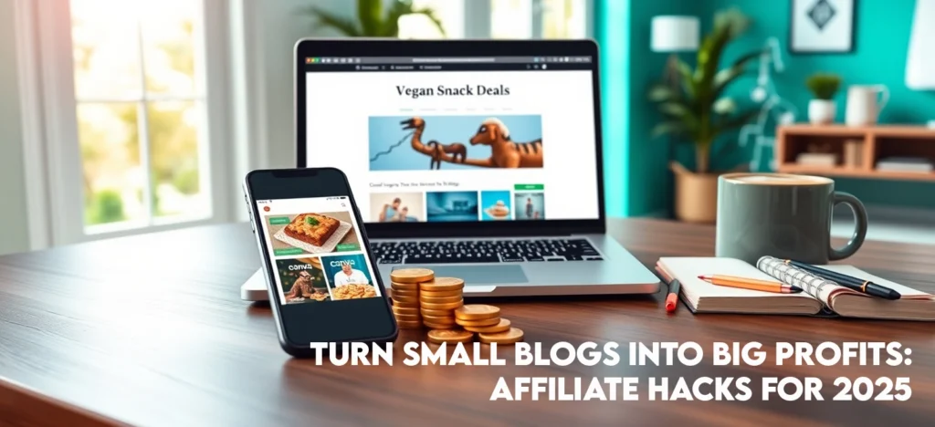 Turn Small Blogs into Big Profits: Affiliate Hacks for 2025 2 Photorealistic 8K image of a desk with a laptop showing WordPress blog, smartphone with Canva pin, coins, notepad, and mug, with ‘Earn Big in 2025!’ on a teal-green wall