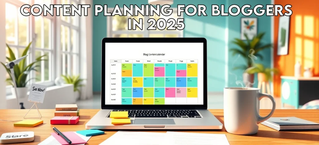 Content Planning for Bloggers in 2025: Build Posts That Win Big 2 Photorealistic 8K image of a desk with a laptop showing a blog content calendar, sticky notes, coffee mug, and Pinterest pins, with 'Content Planning for Bloggers 2025' on a teal-orange wall in a bright office.