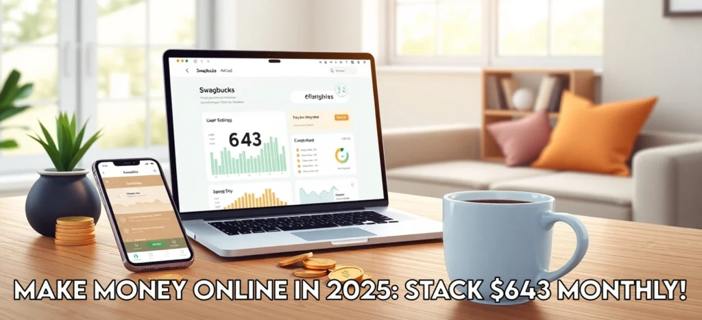Photorealistic 8k Image of a Desk with a Laptop Showing a Swagbucks Dashboard, Smartphone, Gold Coins, and Coffee Mug, with 'Make Money Online in 2025: Stack $643 Monthly!' on a teal-orange wall in a bright office