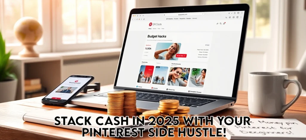 Make Money with Pinterest Pins in 2025: Stack Money the Smart Way 2 Photorealistic 8K image of a desk with a laptop showing a Pinterest dashboard, smartphone, gold coins, notepad, and mug, with 'Stack Cash in 2025 with Your Pinterest Side Hustle!'