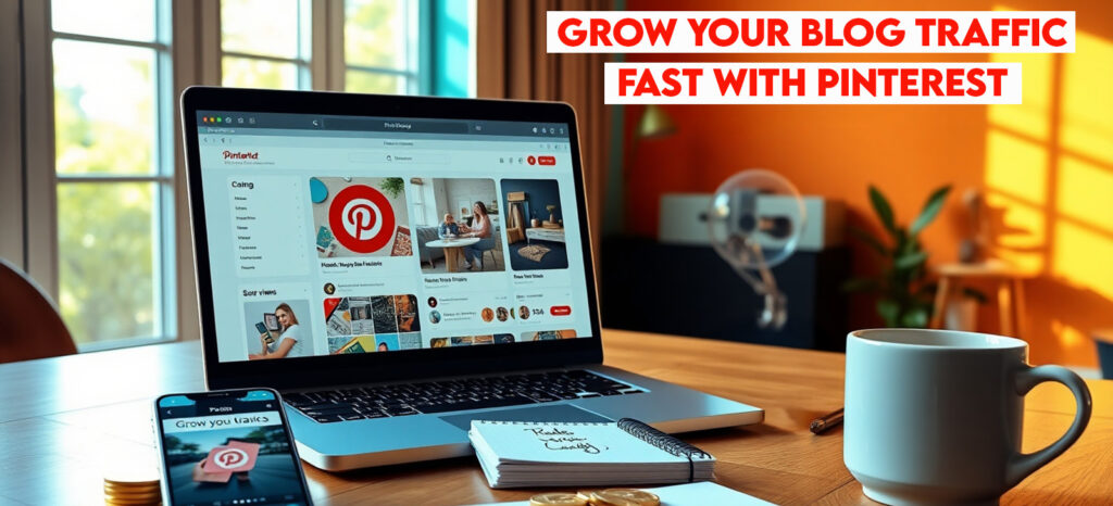 Thrive with Triple Your Blog Traffic with Pinterest in 2025 2 Photorealistic 8K image of a desk with a laptop showing a Pinterest dashboard, smartphone, gold coins, notepad, and mug, with 'Grow Blog Traffic Fast!' on a teal-orange wal