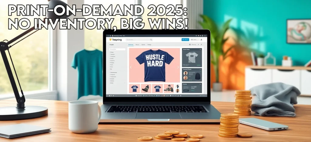 Photorealistic 8k Image of a Desk with a Laptop Showing a Teespring Dashboard, T-shirt and Mug Mockups, Gold Coins, and a Coffee Mug, with 'Print-on-Demand 2025: No Inventory, Big Wins!' on a teal-orange wall in a bright office