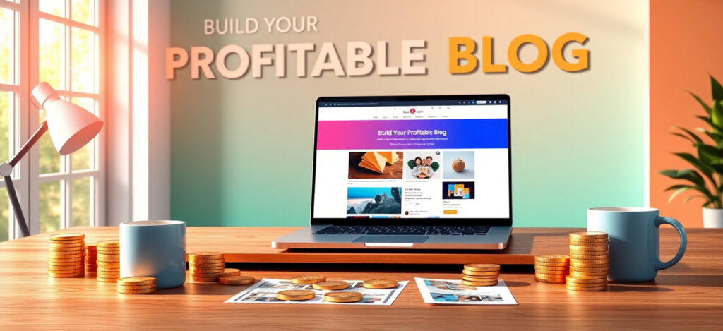 Blogging 101: Build Your First Profitable Site in 2025 2 Photorealistic 8K image of a modern desk with a laptop showing a blog, gold coins, and Pinterest pins, with 'Build Your Profitable Blog in 2025!' on a teal-orange wall in a bright home office