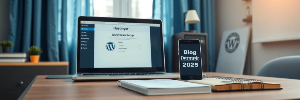 Affiliate Marketing: Your Best Blogging Resources for 2025 3 Photorealistic 8K close-up of a laptop showing Hostinger setup, smartphone, and notebook on a desk in a blue-curtained office with hosting icons