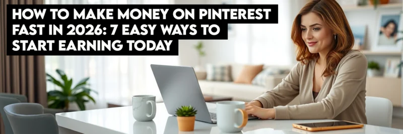 A woman working on a laptop in a bright home office, learning how to make money on Pinterest fast.