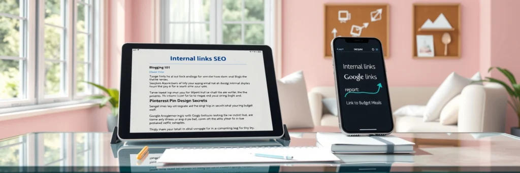 Effortless SEO Basics for Beginners to Conquer 2025 Profits 7 Photorealistic 8K image of a tablet showing a WordPress post with internal links, with a smartphone, notepad, and desk in a pink living room with linking icons