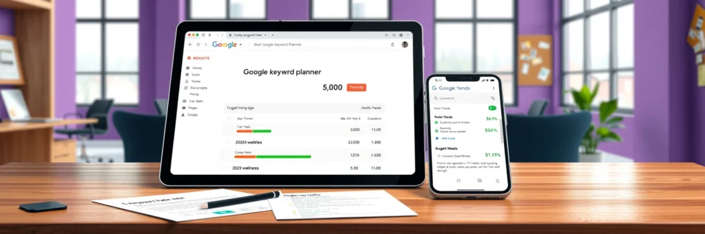 Effortless SEO Basics for Beginners to Conquer 2025 Profits 4 Photorealistic 8K image of a tablet showing Google Keyword Planner for 'frugal living tips,' with a smartphone, keyword list, and desk in a purple-walled office with keyword icons