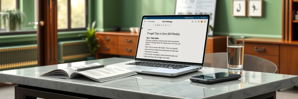 Effortless SEO Basics for Beginners to Conquer 2025 Profits 6 Photorealistic 8K image of a laptop showing an 800-word 'Frugal Tips' post, with a draft, smartphone, and water glass on a marble desk in a green-walled office with content icons