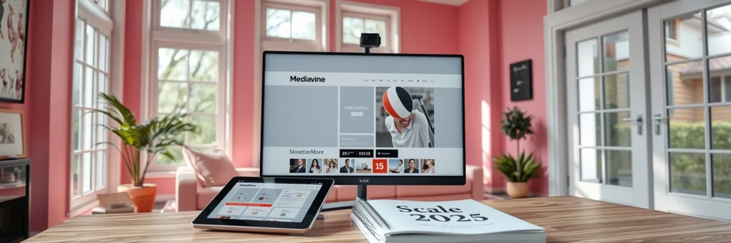 Maximize Blog Ad Revenue: Secrets to Crush It with AdSense vs. Alternatives in 2025 7 Photorealistic 8K image of a monitor showing Mediavine layout, tablet with MonetizeMore, and notebook on a desk in a pink living room with premium ad icons