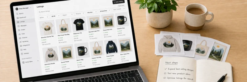 Established print on demand seller planning Merch by Amazon expansion showing a laptop with an Etsy shop dashboard beside design mockups and strategic notes