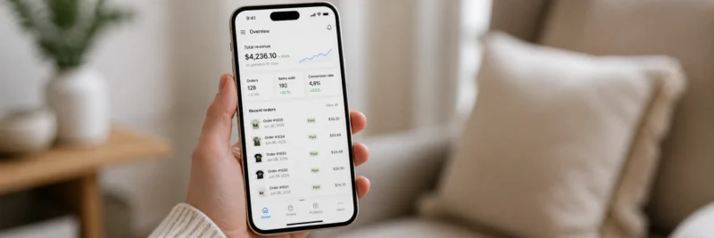 Person holding a phone showing a Merch by Amazon print on demand sales dashboard with multiple completed orders representing passive income