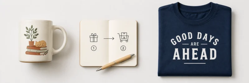 Merch by Amazon versus Etsy print on demand verdict showing a niche mug and broad-appeal t-shirt with a sequence notation representing the Etsy-first strategy
