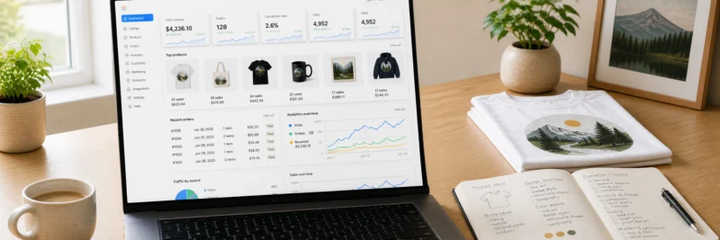 Merch by Amazon print on demand evaluation showing a laptop with a marketplace dashboard beside a printed t-shirt and notebook on a light wood desk