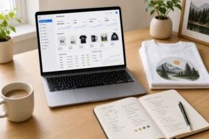 Merch by Amazon print on demand evaluation showing a laptop with a marketplace dashboard beside a printed t-shirt and notebook on a light wood desk