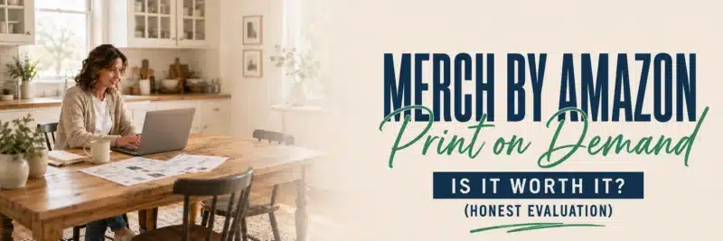 Woman at a kitchen table evaluating merch by amazon print on demand for her shop