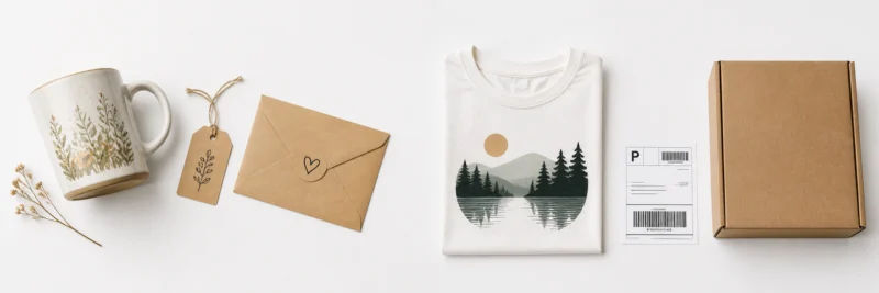Merch by Amazon versus Etsy print on demand comparison showing personalised Etsy products beside streamlined Amazon fulfilment items on a white surface