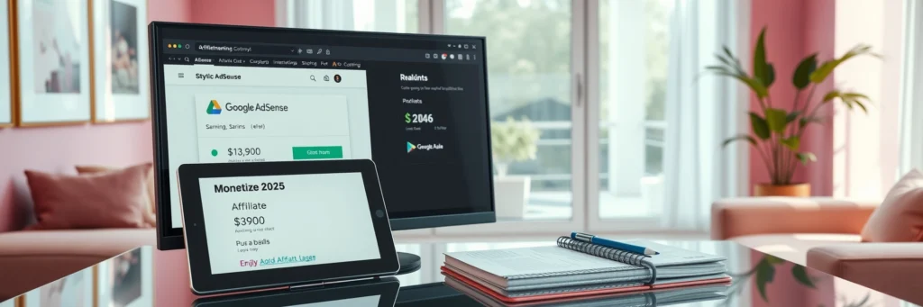 Affiliate Marketing: Your Best Blogging Resources for 2025 7 Photorealistic 8K image of a monitor showing AdSense, tablet with ShareASale, and notebook on a glass desk in a pink living room with monetization icons