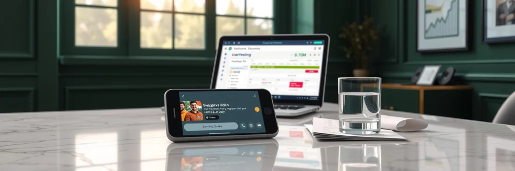 Photorealistic 8k Image of a Smartphone Showing a Swagbucks Playlist, with a Laptop, Schedule, and Water Glass on a Marble Desk in a Green-walled Office with Routine Icons