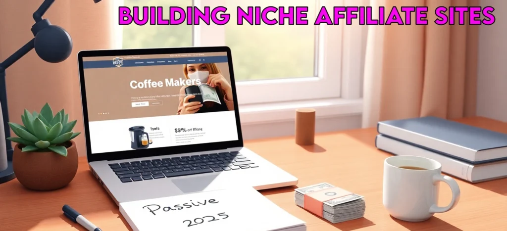 Building Niche Affiliate Sites: Start Your Journey to Passive Income Today in 2025 2 Cozy home office desk with a laptop showing a niche affiliate site for 'portable coffee makers,' a notepad with 'Passive Income 2025' written in bold, a small stack of cash, and a coffee mug, capturing the start of building niche affiliate sites