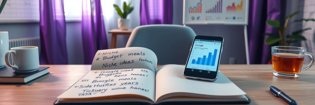 Blogging 101: Build Your First Profitable Site in 2025 4 Photorealistic 8K image of a notebook with handwritten niche ideas, a smartphone showing Google Trends, and a tea cup on a desk in a home office with purple curtains