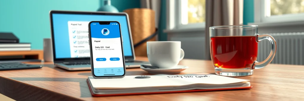 Photorealistic 8k Close-up of a Smartphone Showing a Paypal App, with a 'Daily $20 Goal' notebook, tea cup, and laptop on a desk in a teal-walled office with checklist icons