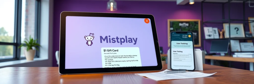 Photorealistic 8k Image of a Tablet Showing a Mistplay Reward, with a Smartphone, Feedback Form, and Desk in a Purple-walled Office with Gaming and Gig Icons