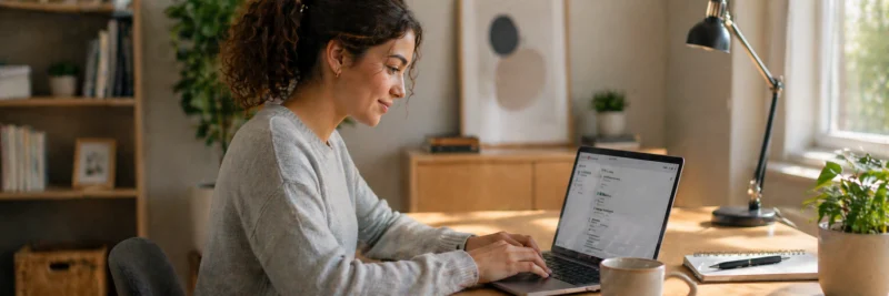 Woman working on a laptop doing online side hustles