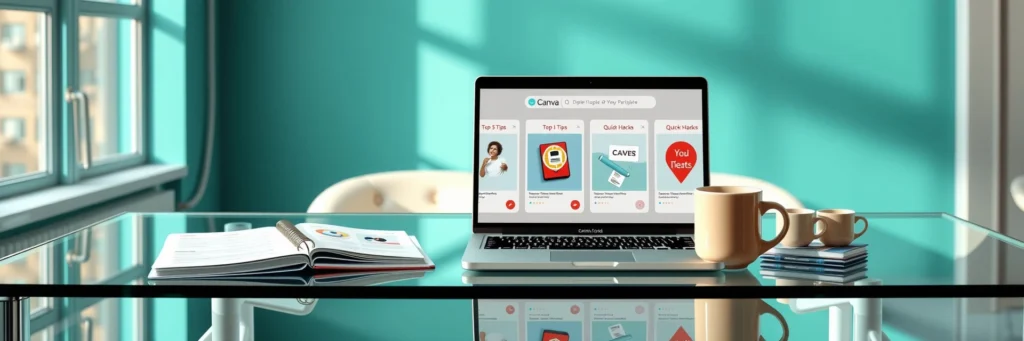 Thrive with Triple Your Blog Traffic with Pinterest in 2025 6 Photorealistic 8K image of a laptop showing Canva pin variations, planner, latte mug, and schedule on a glass desk in a teal-walled office with variation icons