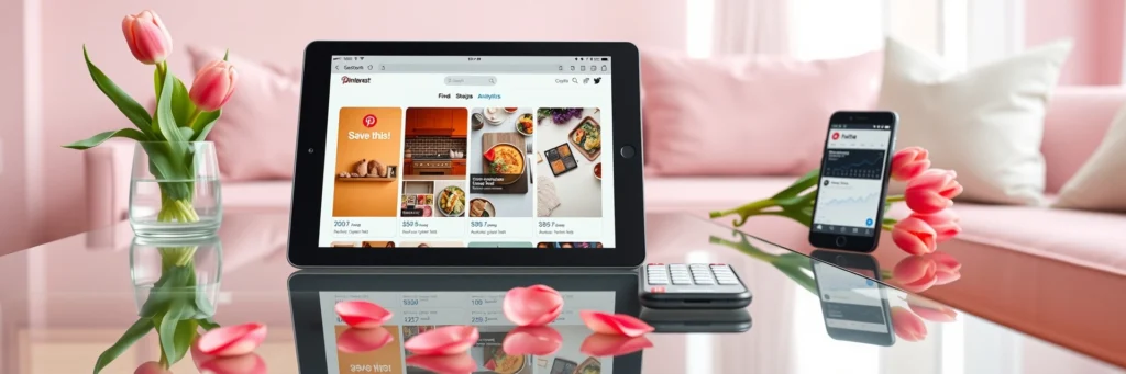 Content Planning for Bloggers in 2025: Build Posts That Win Big 6 Photorealistic 8K image of a tablet showing a Pinterest feed with Canva pins, a smartphone with analytics, and tulips on a glass table in a pink living room.