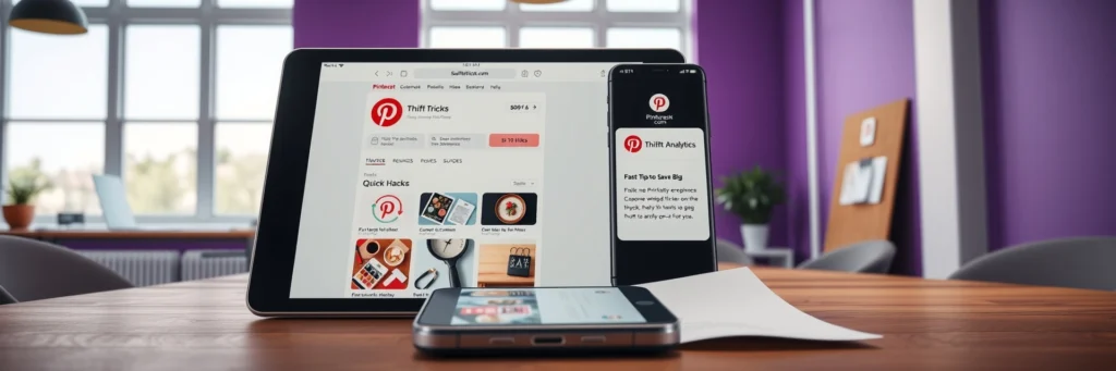 Make Money with Pinterest Pins in 2025: Stack Money the Smart Way 4 Photorealistic 8K image of a tablet showing a Pinterest profile, with a smartphone, bio printout, and desk in a purple-walled office with profile icons.