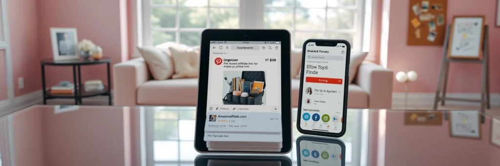 Make Money with Pinterest Pins in 2025: Stack Money the Smart Way 7 Photorealistic 8K image of a tablet showing a Pinterest affiliate pin, with a smartphone, notepad, and desk in a pink living room with monetization icons.
