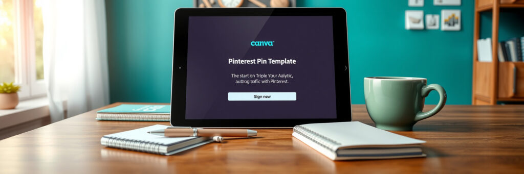 Thrive with Triple Your Blog Traffic with Pinterest in 2025 3 Photorealistic 8K close-up of a tablet showing a Canva pin template signup, with a 'Budget Hacks' notebook, pen, and tea cup on a desk in a teal-walled office with traffic icons