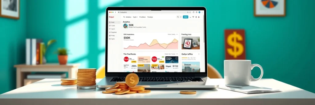 Successfully Grow Pinterest Traffic in 2025: From Zero to Unlimited 8 Photorealistic 8K image of a laptop showing Pinterest Analytics and Amazon earnings, with coins, a pin, and a mug on a desk in a teal-walled office with dollar signs