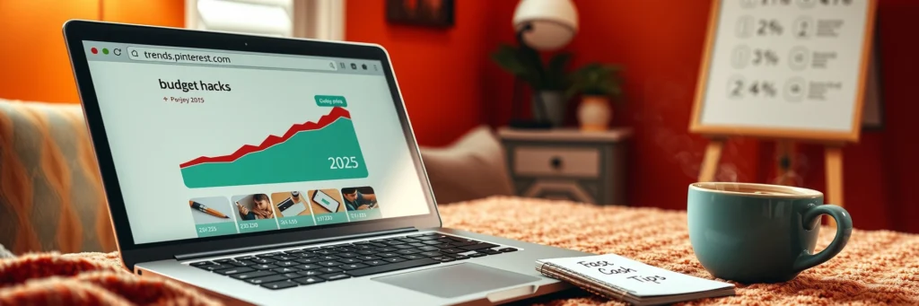 Make Money with Pinterest Pins in 2025: Stack Money the Smart Way 5 Photorealistic 8K close-up of a laptop showing trends.pinterest.com for 'budget hacks,' with a Canva logo, notepad, and latte on a desk in an orange-walled room with niche icons