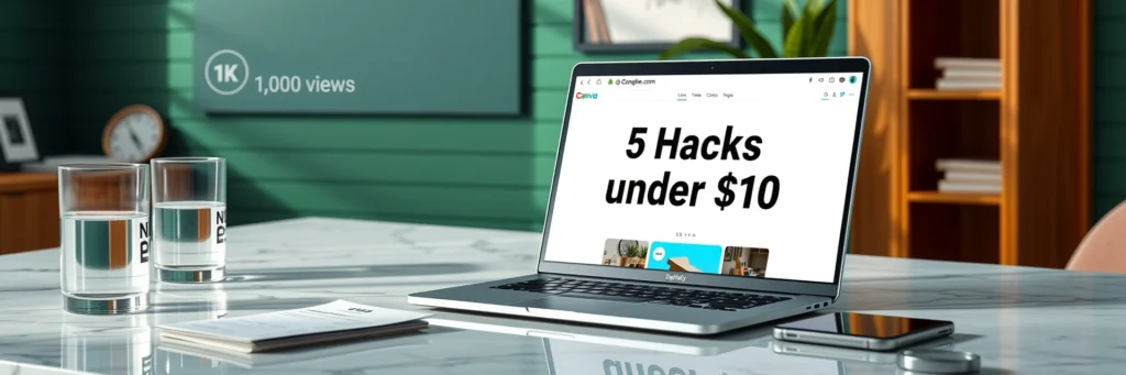 Make Money with Pinterest Pins in 2025: Stack Money the Smart Way 6 Photorealistic 8K image of a laptop showing a Canva pin for '5 Hacks Under $10,' with a mockup, smartphone, and water glass on a marble desk in a green-walled office with design icons.