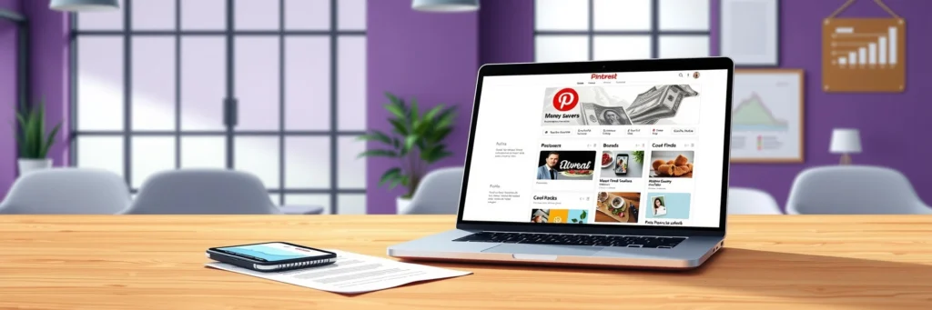 Successfully Grow Pinterest Traffic in 2025: From Zero to Unlimited 4 Photorealistic 8K image of a laptop showing a Pinterest profile, with a smartphone, printed bio, and desk in a purple-walled office with traffic graph icons