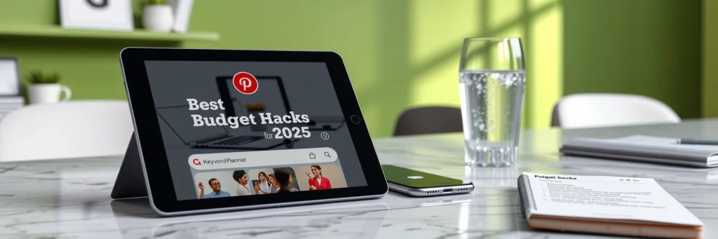 Thrive with Triple Your Blog Traffic with Pinterest in 2025 5 Photorealistic 8K close-up of a tablet showing a Pinterest pin with keywords, keyword list, smartphone, and water glass on a marble desk in a green-walled office with SEO icons