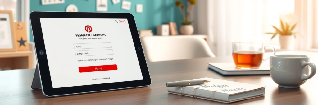 Successfully Grow Pinterest Traffic in 2025: From Zero to Unlimited 3 Photorealistic 8K close-up of a tablet showing a Pinterest business account signup, with a pen, 'Budget Hacks' notebook, and tea cup on a desk in a teal-walled office