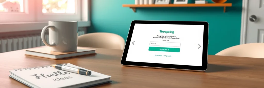 Photorealistic 8k Close-up of a Tablet Showing a Teespring Signup Page, with a Pen, 'Hustle Ideas' notebook, and tea cup on a desk in a teal-walled office with product icons.