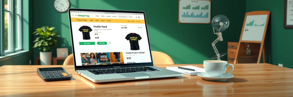 Photorealistic 8k Image of a Laptop Showing a Teespring 'Hustle Hard' t-shirt listing, with a mockup, calculator, and latte on a desk in a green-walled office with pricing charts