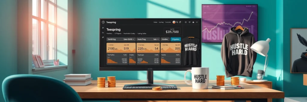 Photorealistic 8k Image of a Monitor Showing a Teespring Sales Dashboard, with Product Mockups, Gold Coins, and a Mug on a Desk in a Teal-walled Office with Sales Graphs
