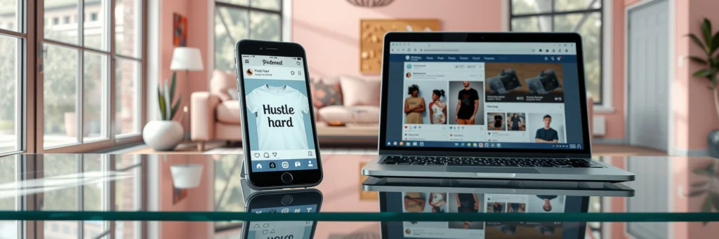 Photorealistic 8k Image of a Smartphone Showing a Pinterest Pin, with a Tablet, Laptop, and Desk in a Pink Living Room with Social Media Icons