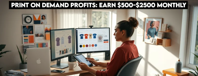 Entrepreneur Designing Print on Demand Products on Computer with Sales Analytics and Sample Merchandise in Modern Home Office