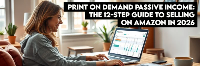 A side hustler scaling her print on demand passive income business by tracking sales and uploading new products using Printify and Merch by Amazon.