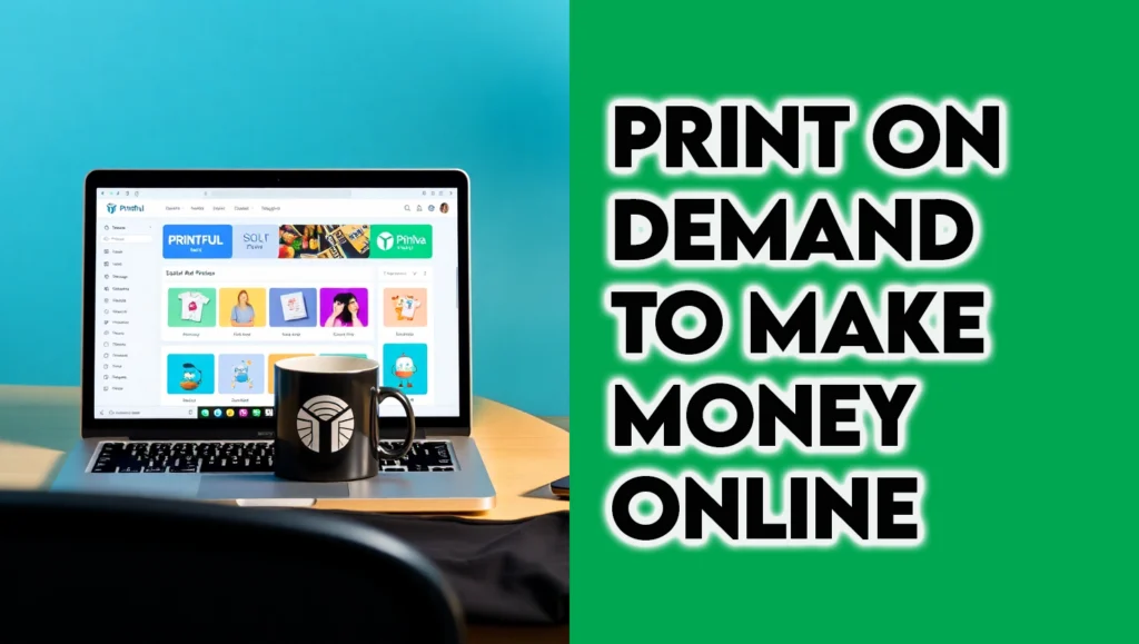 Workspace with laptop showing print-on-demand platform and custom products like T-shirts and mugs.