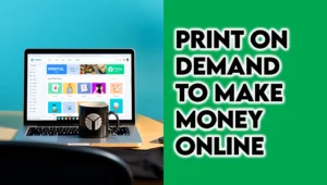 Workspace with laptop showing print-on-demand platform and custom products like T-shirts and mugs.