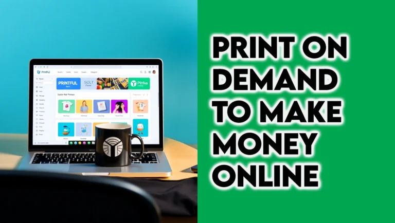 Workspace with Laptop Showing Print-on-demand Platform and Custom Products Like T-shirts and Mugs.  Thesidehustler.blog