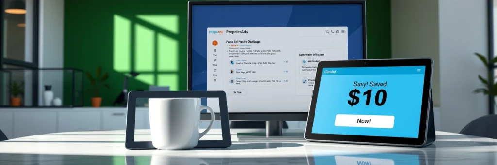 Maximize Blog Ad Revenue: Secrets to Crush It with AdSense vs. Alternatives in 2025 4 Photorealistic 8K image of a monitor showing PropellerAds setup, tablet with Canva pin, and mug on a marble desk in a green-walled office with push ad icons