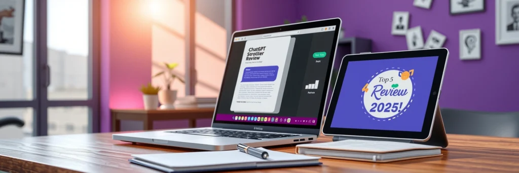 Affiliate Marketing Success Online: Proven Ways to Easily Boost Your Blog Income in 2025 5 Photorealistic 8K image of a laptop showing ChatGPT draft, tablet with Canva pin, and notebook on a desk in a purple-walled office with review icons
