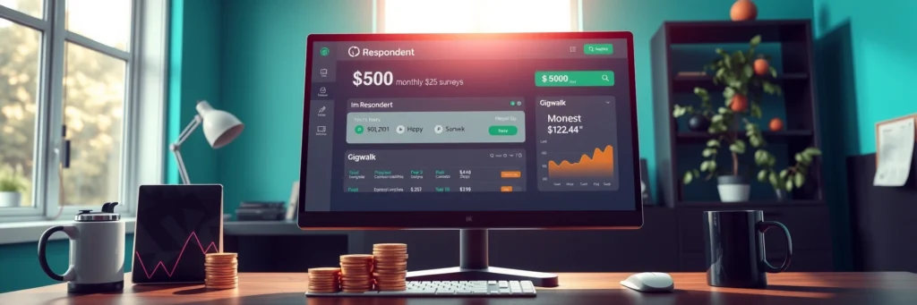 Photorealistic 8k Image of a Monitor Showing a Respondent Dashboard, with Gold Coins, Task Confirmation, and a Mug on a Desk in a Teal-walled Office with Scaling Graphs